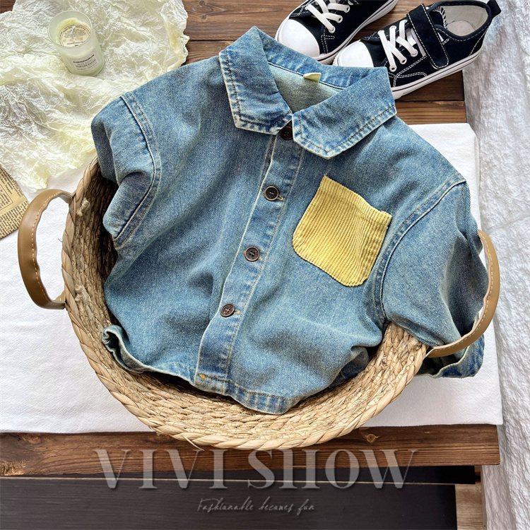 キッズ アウター 長袖 デニム トップス シンプル シャツ風 動きやすい ワンポイント おしゃれ 襟付き カジュアル あわせやすい ゆったり 着やすい 