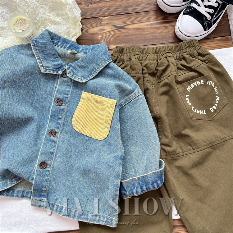 キッズ アウター 長袖 デニム トップス シンプル シャツ風 動きやすい ワンポイント おしゃれ 襟付き カジュアル あわせやすい ゆったり 着やすい 