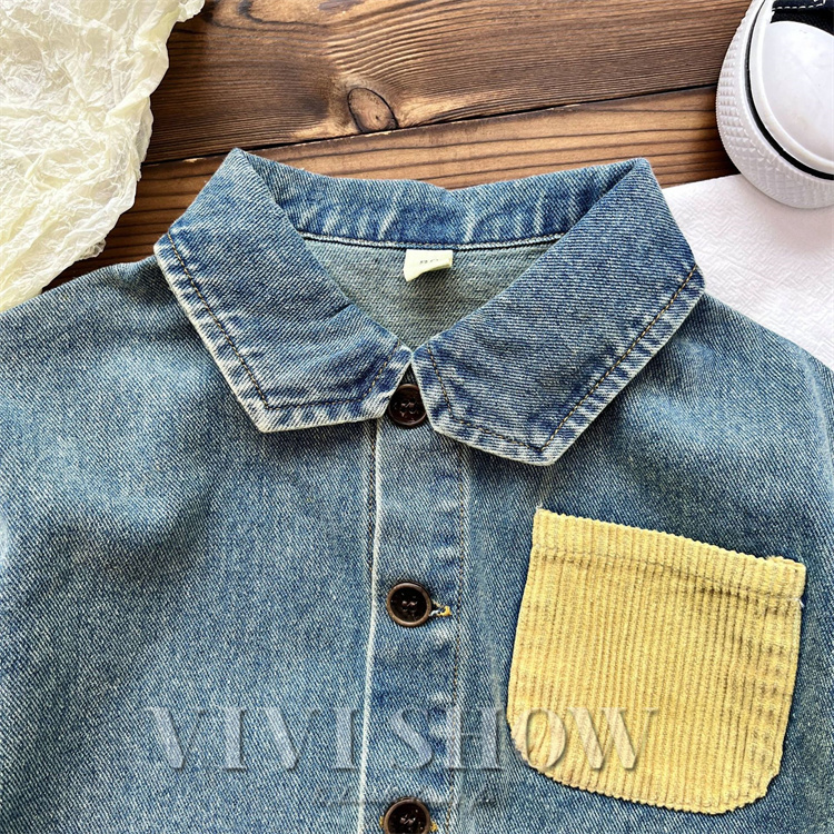 キッズ アウター 長袖 デニム トップス シンプル シャツ風 動きやすい ワンポイント おしゃれ 襟付き カジュアル あわせやすい ゆったり 着やすい 