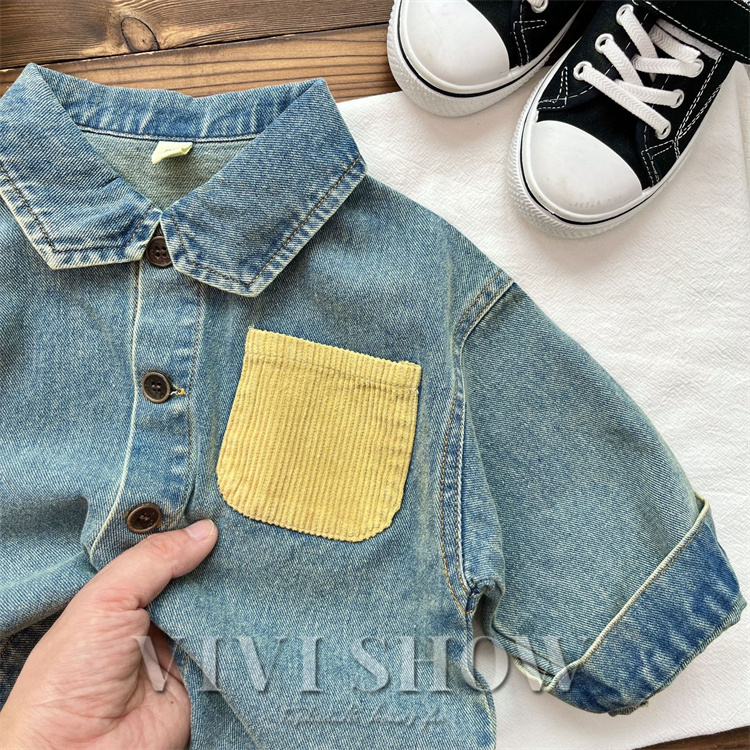 キッズ アウター 長袖 デニム トップス シンプル シャツ風 動きやすい ワンポイント おしゃれ 襟付き カジュアル あわせやすい ゆったり 着やすい 