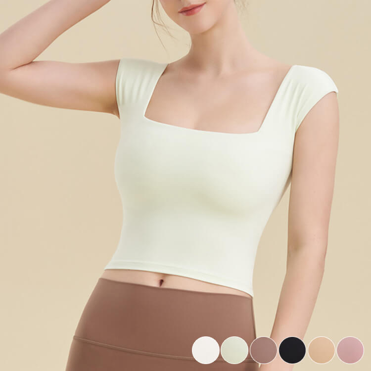 ヨガウェア タンクトップ ホットヨガ ブラ スポーツブラ シンプル 長め 体系カバー トップス スクエアネック おしゃれ キャップスリーブ 