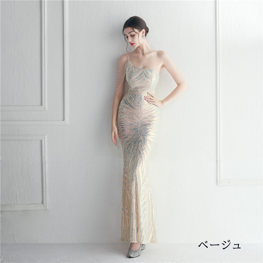 カラードレス マーメイドドレス パーティードレス ワンショルダー ビーズ 袖なし 二次会 発表会 イブニングドレス 結婚式 ウェディングドレス ファスナー 