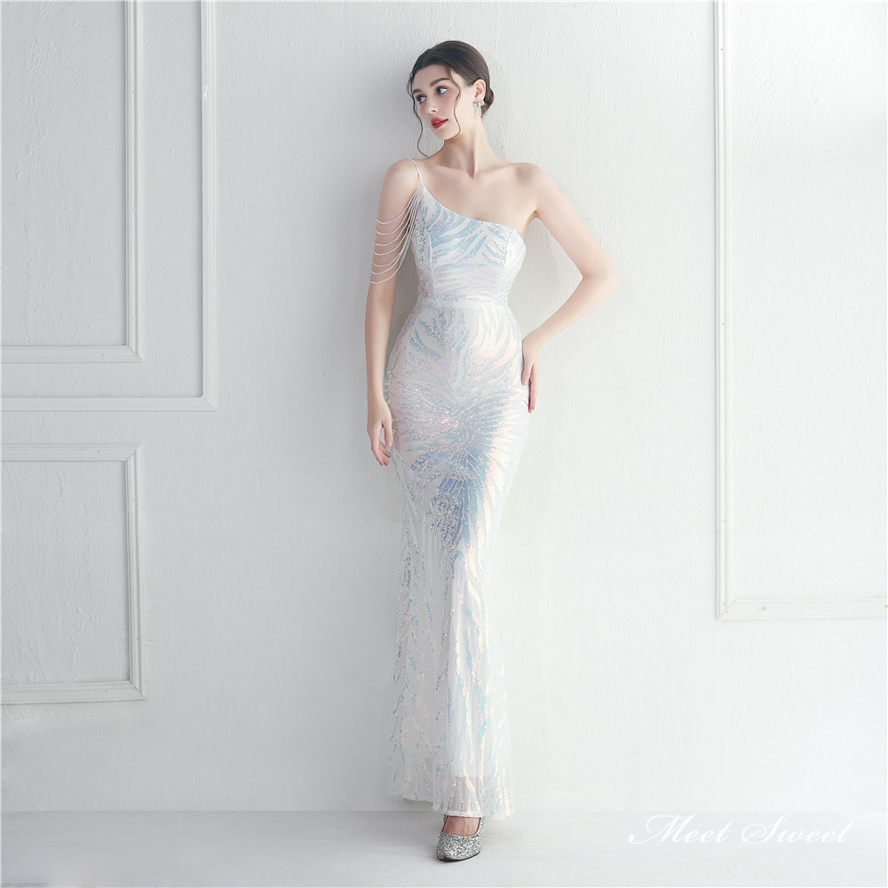 カラードレス マーメイドドレス パーティードレス ワンショルダー ビーズ 袖なし 二次会 発表会 イブニングドレス 結婚式 ウェディングドレス ファスナー 