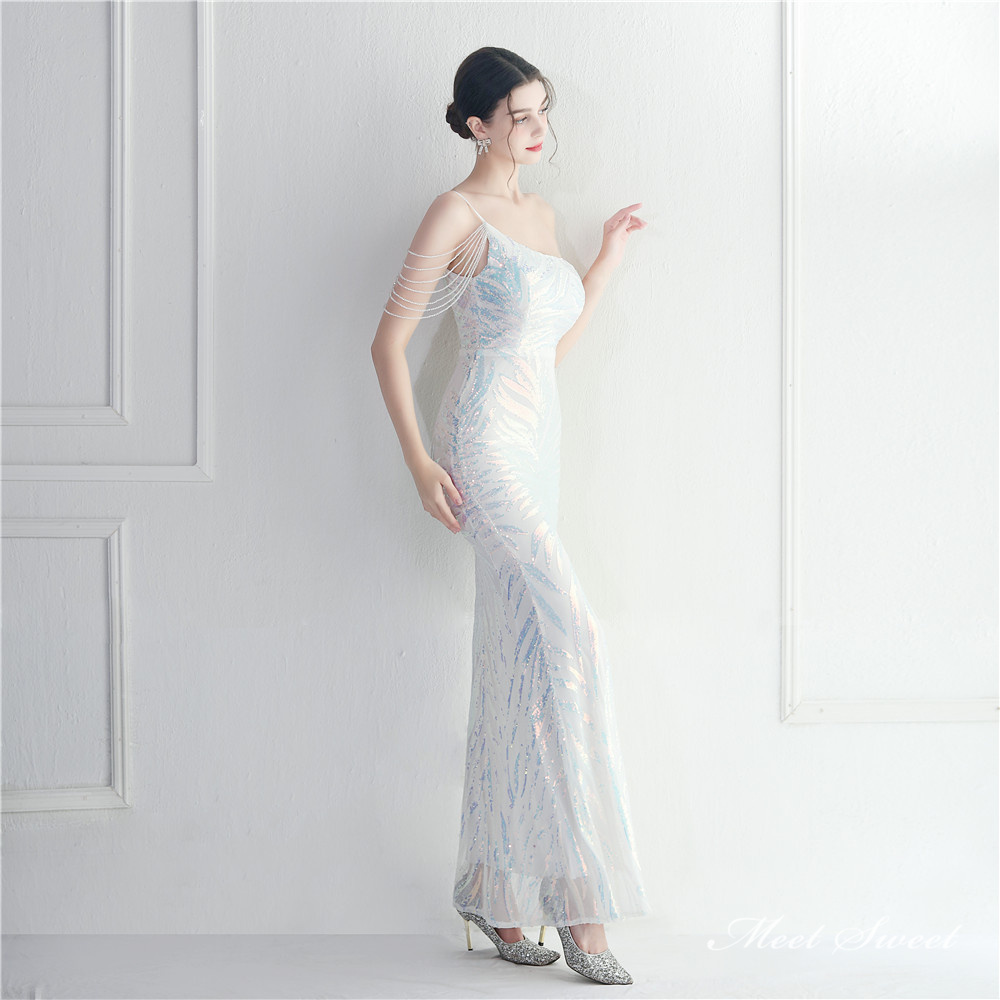 カラードレス マーメイドドレス パーティードレス ワンショルダー ビーズ 袖なし 二次会 発表会 イブニングドレス 結婚式 ウェディングドレス ファスナー 