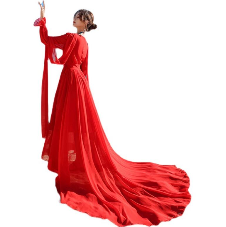レディース ビーチドレス フィッシュテール ワンピース カラードレス 広がる Vネック 演奏会 舞台演出服 大裾幅 披露宴 長袖 撮影写真 トレーン海旅行 