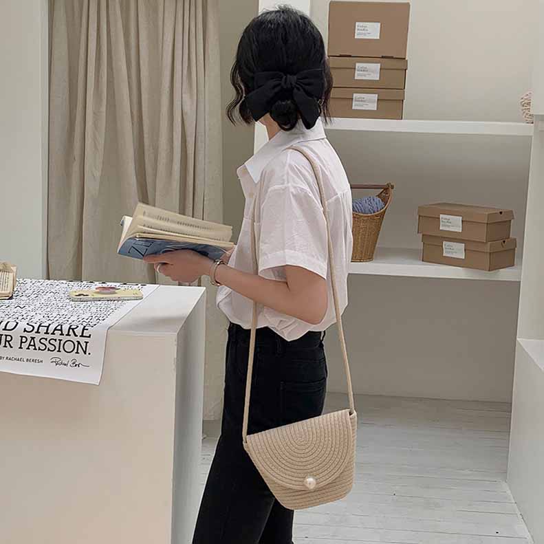 ストロー かごバッグ レディース カゴバッグ ワンポイントパール付き ショルダーバッグ ミニバッグ 夏 オシャレ ショルダー 