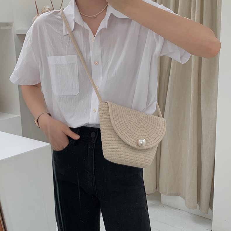 ストロー かごバッグ レディース カゴバッグ ワンポイントパール付き ショルダーバッグ ミニバッグ 夏 オシャレ ショルダー 
