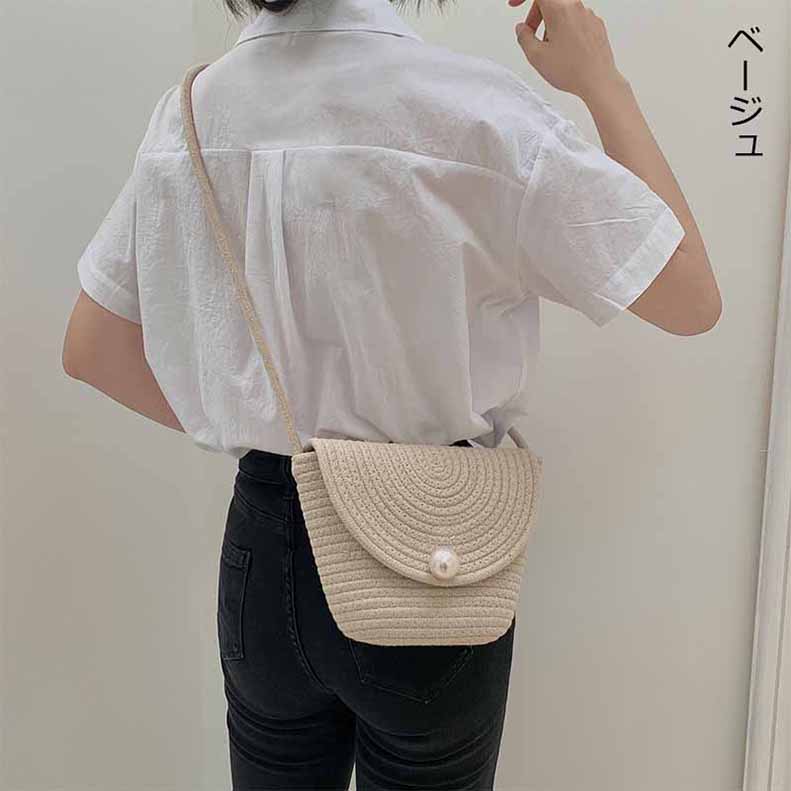 ストロー かごバッグ レディース カゴバッグ ワンポイントパール付き ショルダーバッグ ミニバッグ 夏 オシャレ ショルダー 