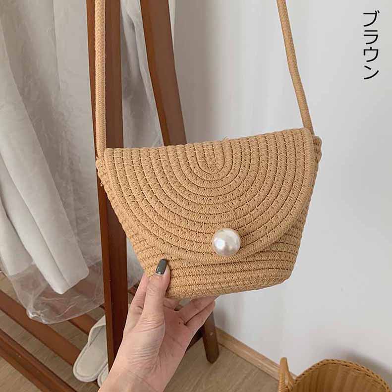 ストロー かごバッグ レディース カゴバッグ ワンポイントパール付き ショルダーバッグ ミニバッグ 夏 オシャレ ショルダー 