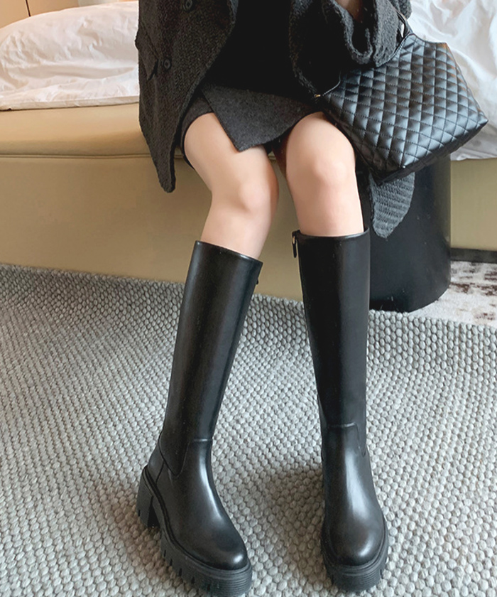 ブーツ レディース 秋 冬 ロング 厚底 きれいめ おしゃれ カジュアル 韓国ファッション シンプル 美脚チャンキーヒールロングブーツ 高見え 韓国コーデ 