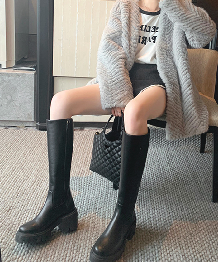 ブーツ レディース 秋 冬 ロング 厚底 きれいめ おしゃれ カジュアル 韓国ファッション シンプル 美脚チャンキーヒールロングブーツ 高見え 韓国コーデ 