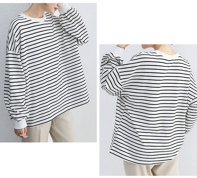 カットソー 長袖 レディース ボーダーカットソー トップス Tシャツ カジュアル ゆったり オーバーサイズ 