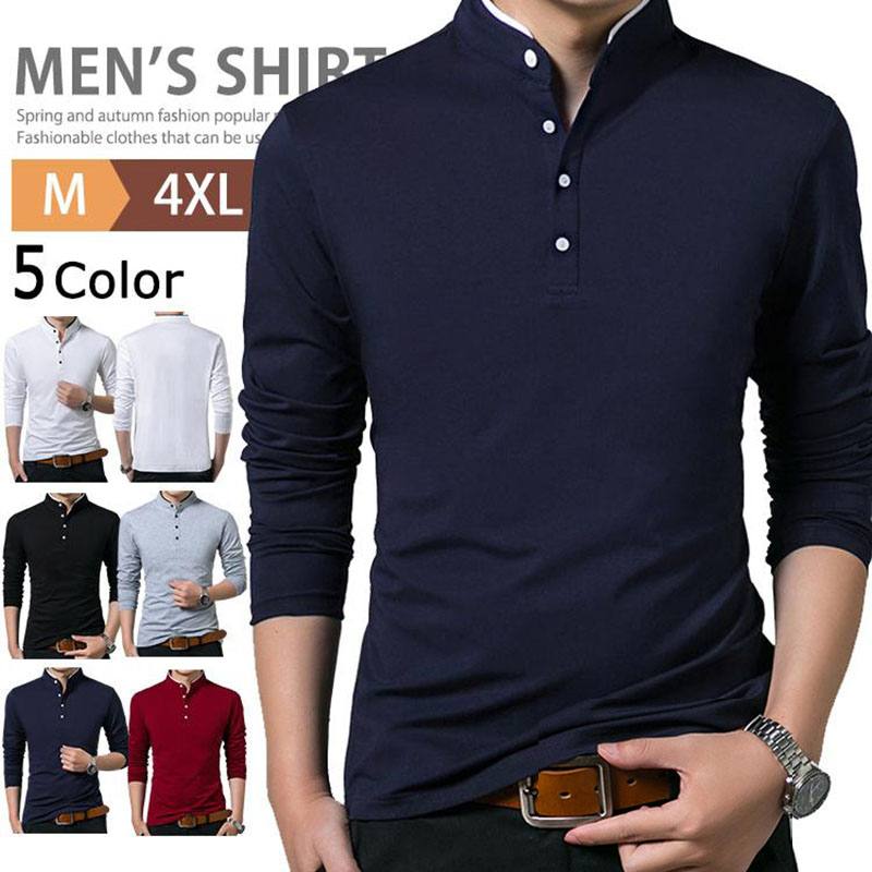 ヘンリーネック 長袖 メンズ Tシャツ カットソー ロンT カジュアル 無地 アウトドア ロングTシャツ 綿 ビジネス ゴルフウェア 