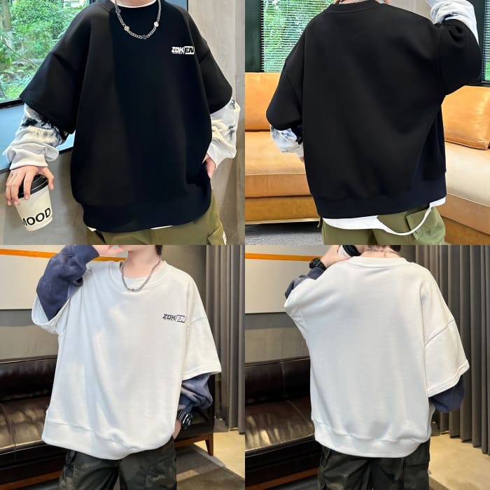 小学生 男の子 重ね着風 トレーナー 長袖 プルオーバー 子供服 子ども ストリート 韓国 ダンス キッズ 通学 スポーツ ジュニア トップス 春秋 