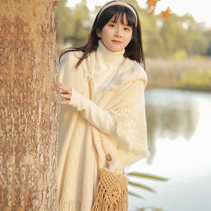 ポンチョ ポレロ ストール 大判 ショール 秋冬 レディース 大判ストール フリンジ 防寒着 ケープコート フード付き ニット 