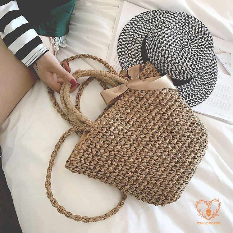 カゴバッグ トートバッグ ショルダーバッグ 2WAY 鞄 夏 リボン 海 ピクニック 大容量 編み バスケット 内布付き かごバッグ レディース アウトドア 手持ち 