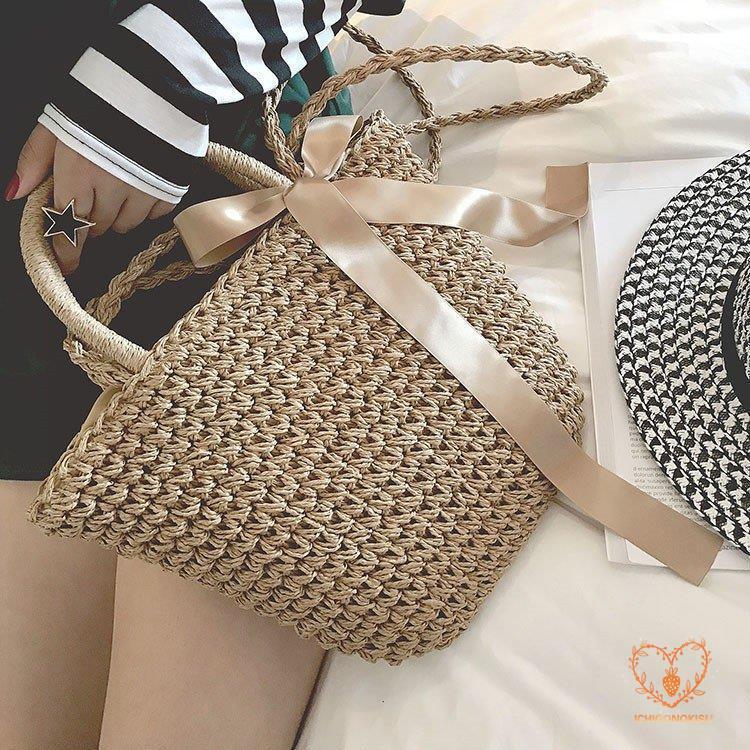 カゴバッグ トートバッグ ショルダーバッグ 2WAY 鞄 夏 リボン 海 ピクニック 大容量 編み バスケット 内布付き かごバッグ レディース アウトドア 手持ち 