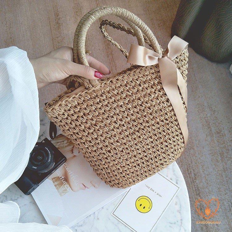 カゴバッグ トートバッグ ショルダーバッグ 2WAY 鞄 夏 リボン 海 ピクニック 大容量 編み バスケット 内布付き かごバッグ レディース アウトドア 手持ち 