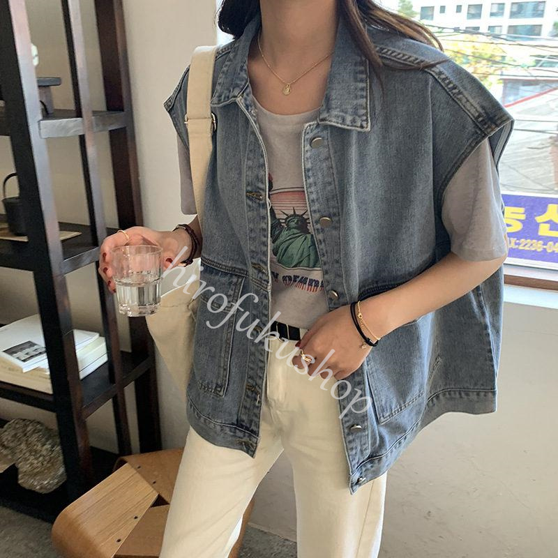 デニムベスト レディース ゆったり 前開き デニム ジレ ノースリーブ 前開き トップス アウター 着痩せ デニムジャケット カジュアル シンプル 