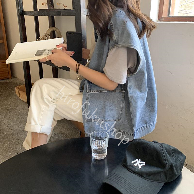 デニムベスト レディース ゆったり 前開き デニム ジレ ノースリーブ 前開き トップス アウター 着痩せ デニムジャケット カジュアル シンプル 