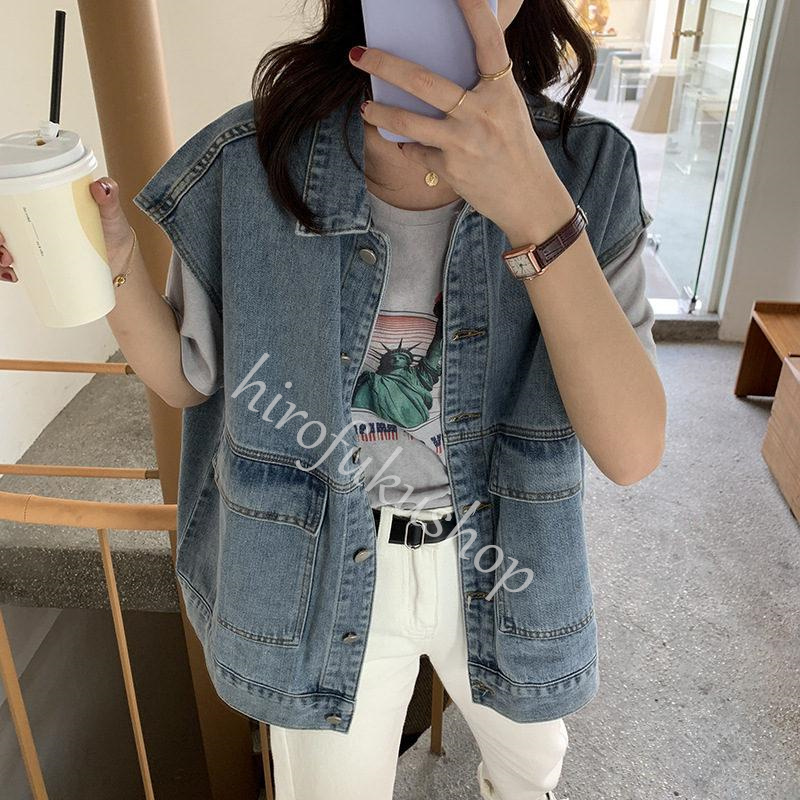 デニムベスト レディース ゆったり 前開き デニム ジレ ノースリーブ 前開き トップス アウター 着痩せ デニムジャケット カジュアル シンプル 