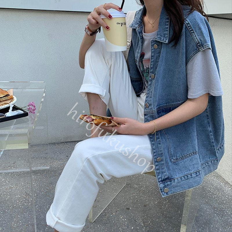 デニムベスト レディース ゆったり 前開き デニム ジレ ノースリーブ 前開き トップス アウター 着痩せ デニムジャケット カジュアル シンプル 