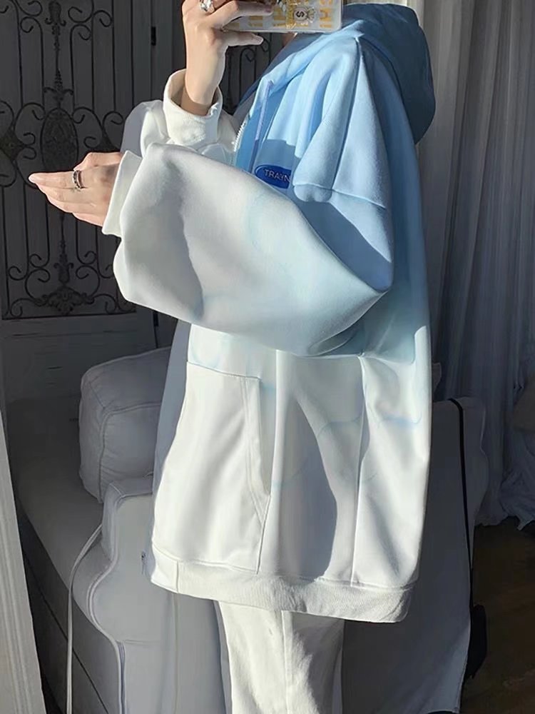 メンズ ジップ グラデーション 長袖 アウター 春 ジャケット スウェット ゆったり トレーナー 学 フード付き 大きいサイズ トップス 秋 