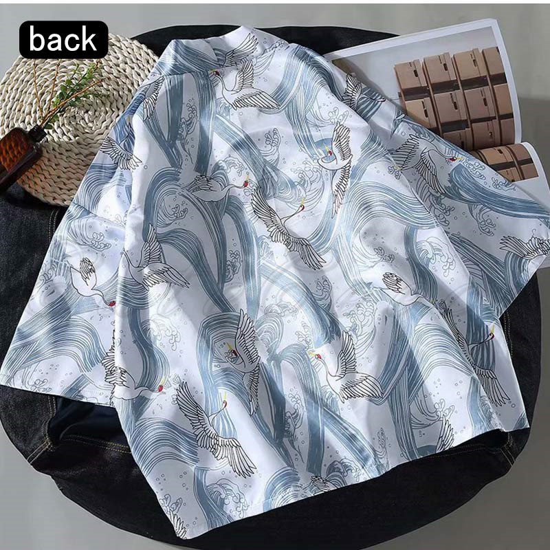 羽織 洗える 着物 メンズ 七分袖 和風 きれいめ 送料無料 プリント 薄手 ゆったり 冷房対策 カジュアル 日焼け止め服 開襟シャツ 鶴柄 トップス 