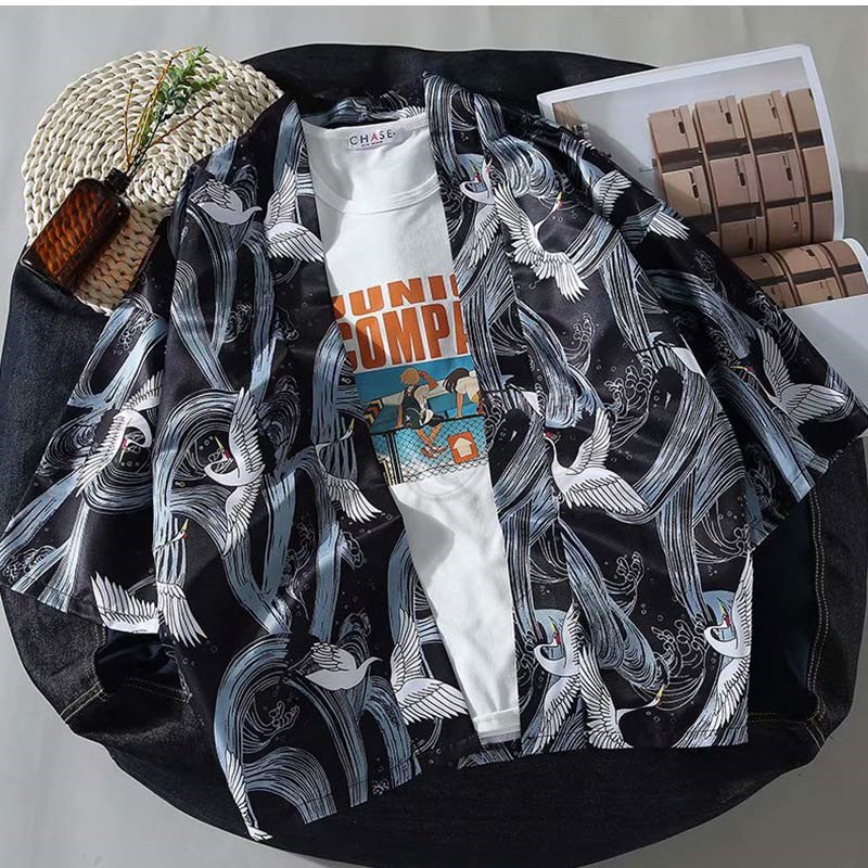 羽織 洗える 着物 メンズ 七分袖 和風 きれいめ 送料無料 プリント 薄手 ゆったり 冷房対策 カジュアル 日焼け止め服 開襟シャツ 鶴柄 トップス 