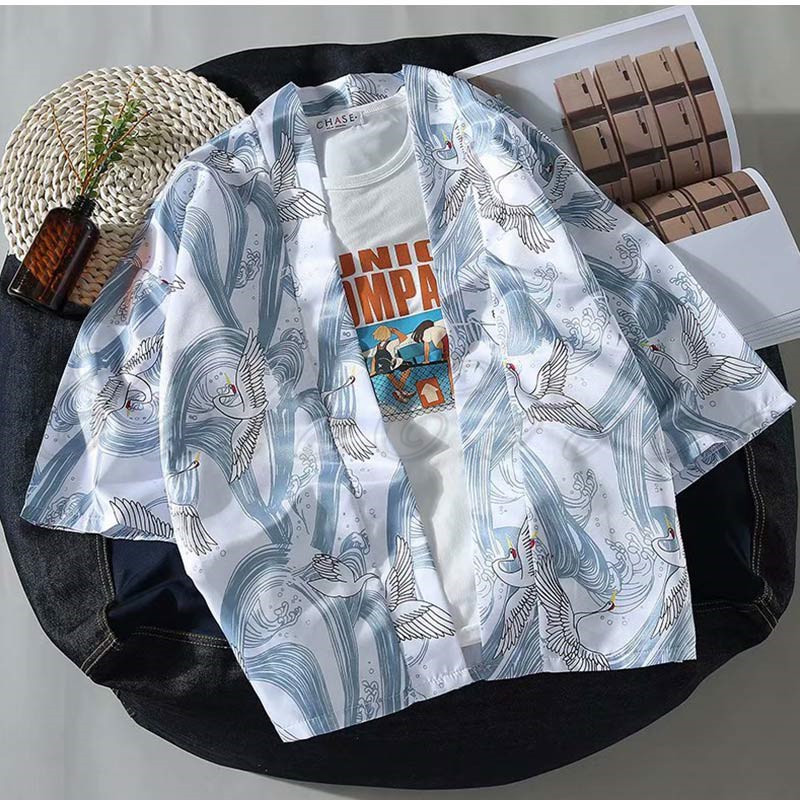 羽織 洗える 着物 メンズ 七分袖 和風 きれいめ 送料無料 プリント 薄手 ゆったり 冷房対策 カジュアル 日焼け止め服 開襟シャツ 鶴柄 トップス 