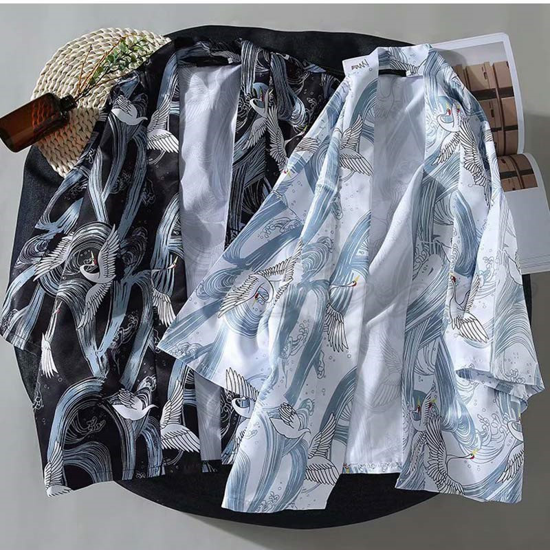 羽織 洗える 着物 メンズ 七分袖 和風 きれいめ 送料無料 プリント 薄手 ゆったり 冷房対策 カジュアル 日焼け止め服 開襟シャツ 鶴柄 トップス 