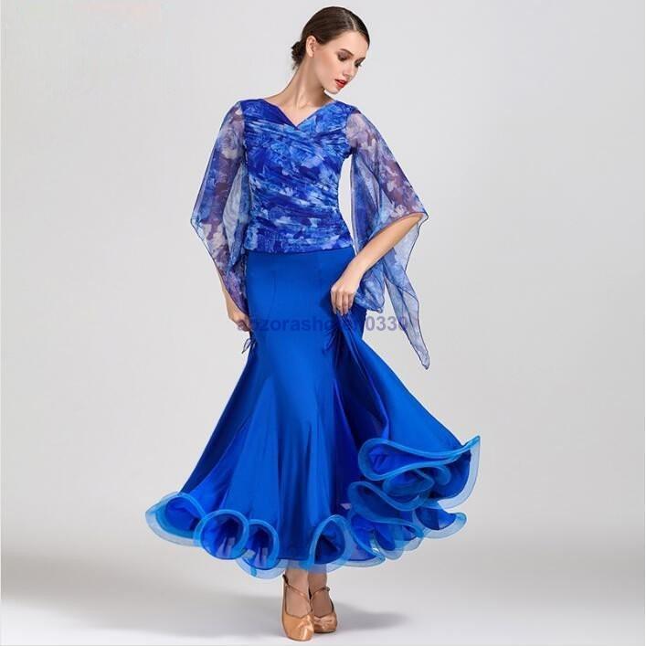 社交ダンス モダンダンス衣装 トップスとスカート2点セット ワルツ専用 ロングスカート広く裾 ルンバ 練習競技着デモ用 サンバ スタンダード発表会用演出服 