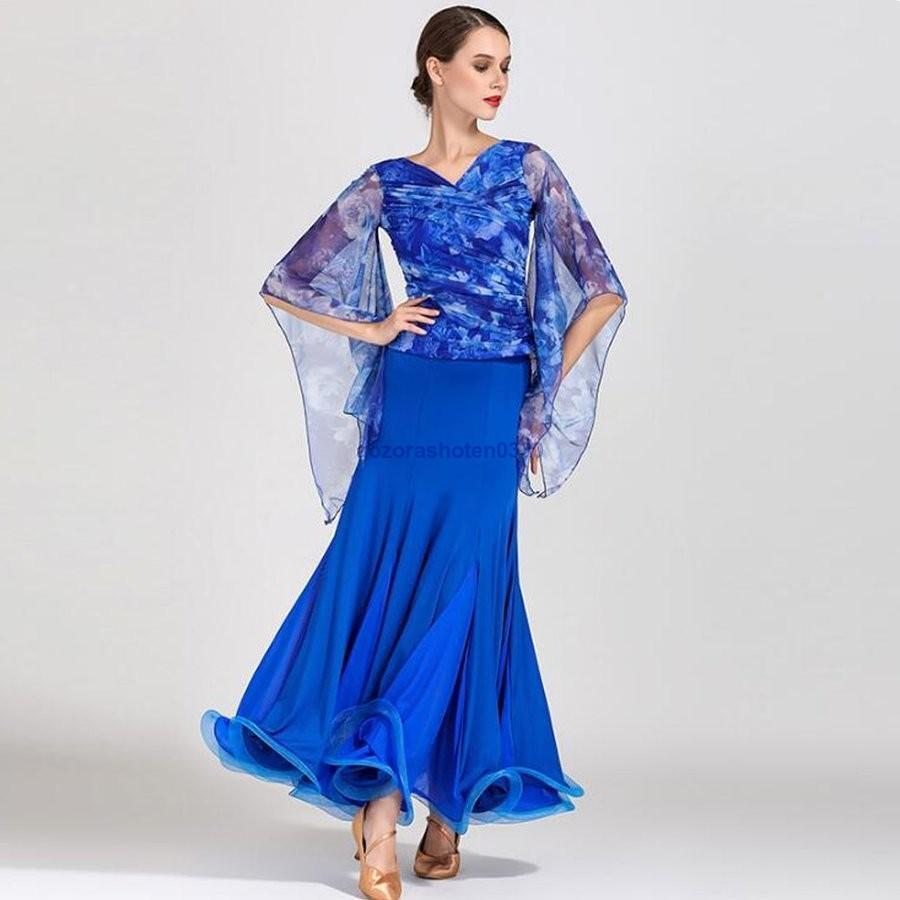 社交ダンス モダンダンス衣装 トップスとスカート2点セット ワルツ専用 ロングスカート広く裾 ルンバ 練習競技着デモ用 サンバ スタンダード発表会用演出服 