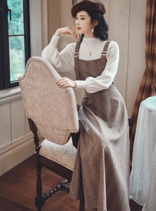 コーデセット レディース ジャンパースカート ロング セットアップ レディース モックネック グレンチェック ワンピース 長袖 大きいサイズ リブニット 韓国 