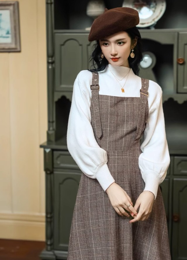 コーデセット レディース ジャンパースカート ロング セットアップ レディース モックネック グレンチェック ワンピース 長袖 大きいサイズ リブニット 韓国 