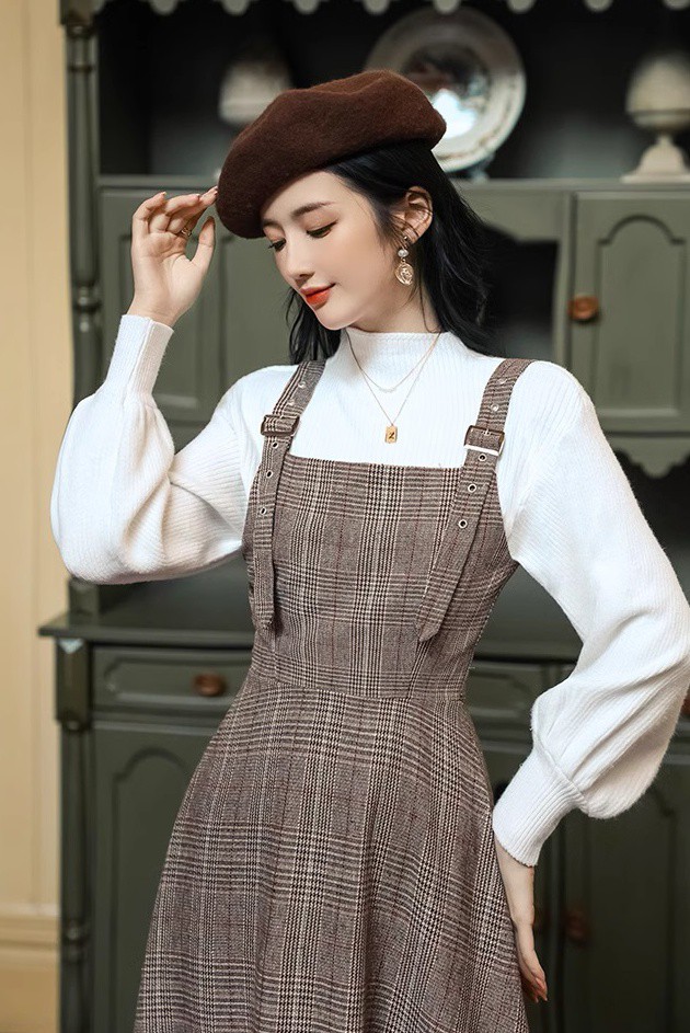 コーデセット レディース ジャンパースカート ロング セットアップ レディース モックネック グレンチェック ワンピース 長袖 大きいサイズ リブニット 韓国 