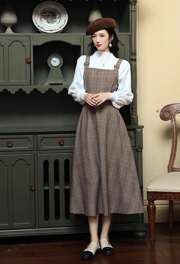 コーデセット レディース ジャンパースカート ロング セットアップ レディース モックネック グレンチェック ワンピース 長袖 大きいサイズ リブニット 韓国 