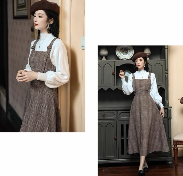 コーデセット レディース ジャンパースカート ロング セットアップ レディース モックネック グレンチェック ワンピース 長袖 大きいサイズ リブニット 韓国 