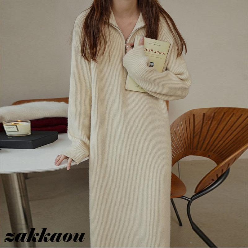 レディース 女性 秋冬 新作 韓国版 膝丈 スカート ミドル丈 ワンピース ニット 厚手 ボハーフジッパー ゆったり ロング 