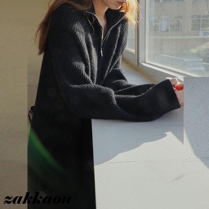レディース 女性 秋冬 新作 韓国版 膝丈 スカート ミドル丈 ワンピース ニット 厚手 ボハーフジッパー ゆったり ロング 