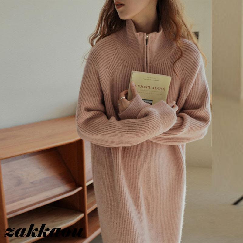 レディース 女性 秋冬 新作 韓国版 膝丈 スカート ミドル丈 ワンピース ニット 厚手 ボハーフジッパー ゆったり ロング 