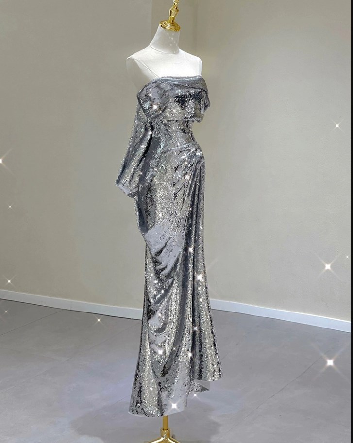 新作絶品！シルバー イブニング ドレス二次会 ワンピース パーティードレス 結婚式 旅行 舞台 発表会 撮影 コンサート 