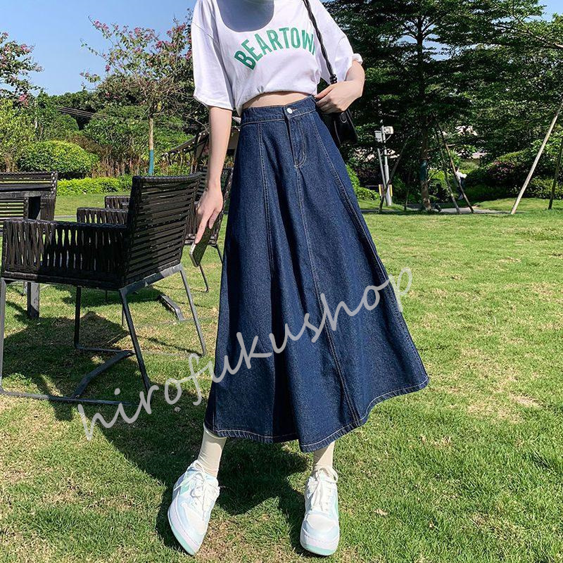 スカート デニムスカート フレアスカート ロングスカート ウエストゴム レディース 通勤 通学 お洒落 おしゃれ ハイウエスト 着痩せ 大きいサイズ 