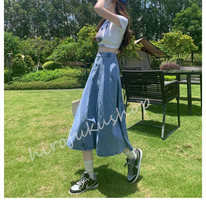スカート デニムスカート フレアスカート ロングスカート ウエストゴム レディース 通勤 通学 お洒落 おしゃれ ハイウエスト 着痩せ 大きいサイズ 