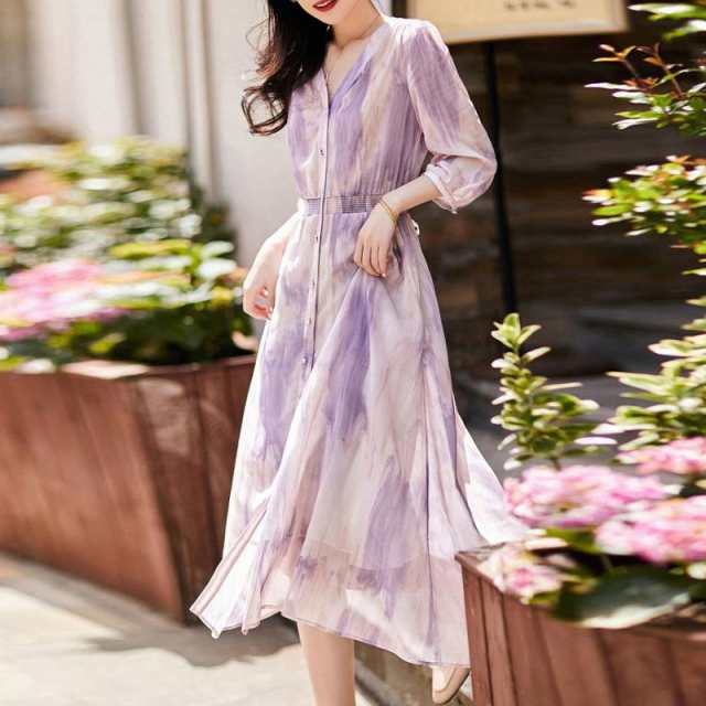 レディースワンピース 七分袖 膝下 ワンピース 上品 フェミニン Aラインワンピース 大人 お呼ばれ 春夏 ロング 女子会 結婚式 お出掛け 