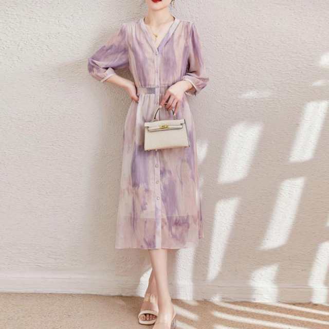 レディースワンピース 七分袖 膝下 ワンピース 上品 フェミニン Aラインワンピース 大人 お呼ばれ 春夏 ロング 女子会 結婚式 お出掛け 