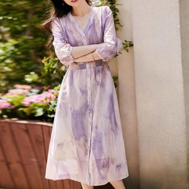 レディースワンピース 七分袖 膝下 ワンピース 上品 フェミニン Aラインワンピース 大人 お呼ばれ 春夏 ロング 女子会 結婚式 お出掛け 