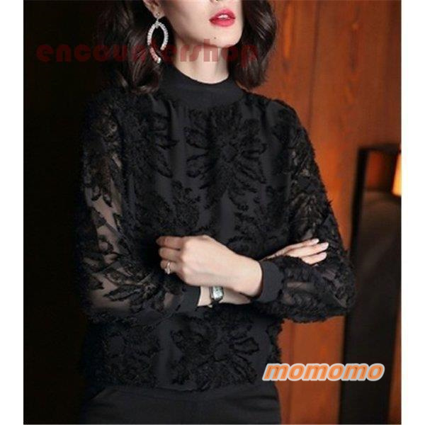 ブラウス レディース 秋冬 40代 シフォンブラウス 厚手 通勤 黒 カットソー シンプル トップス 大人 着痩せ お洒落 シャツブラウス シャツ レース 長袖 