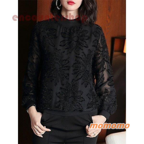 ブラウス レディース 秋冬 40代 シフォンブラウス 厚手 通勤 黒 カットソー シンプル トップス 大人 着痩せ お洒落 シャツブラウス シャツ レース 長袖 