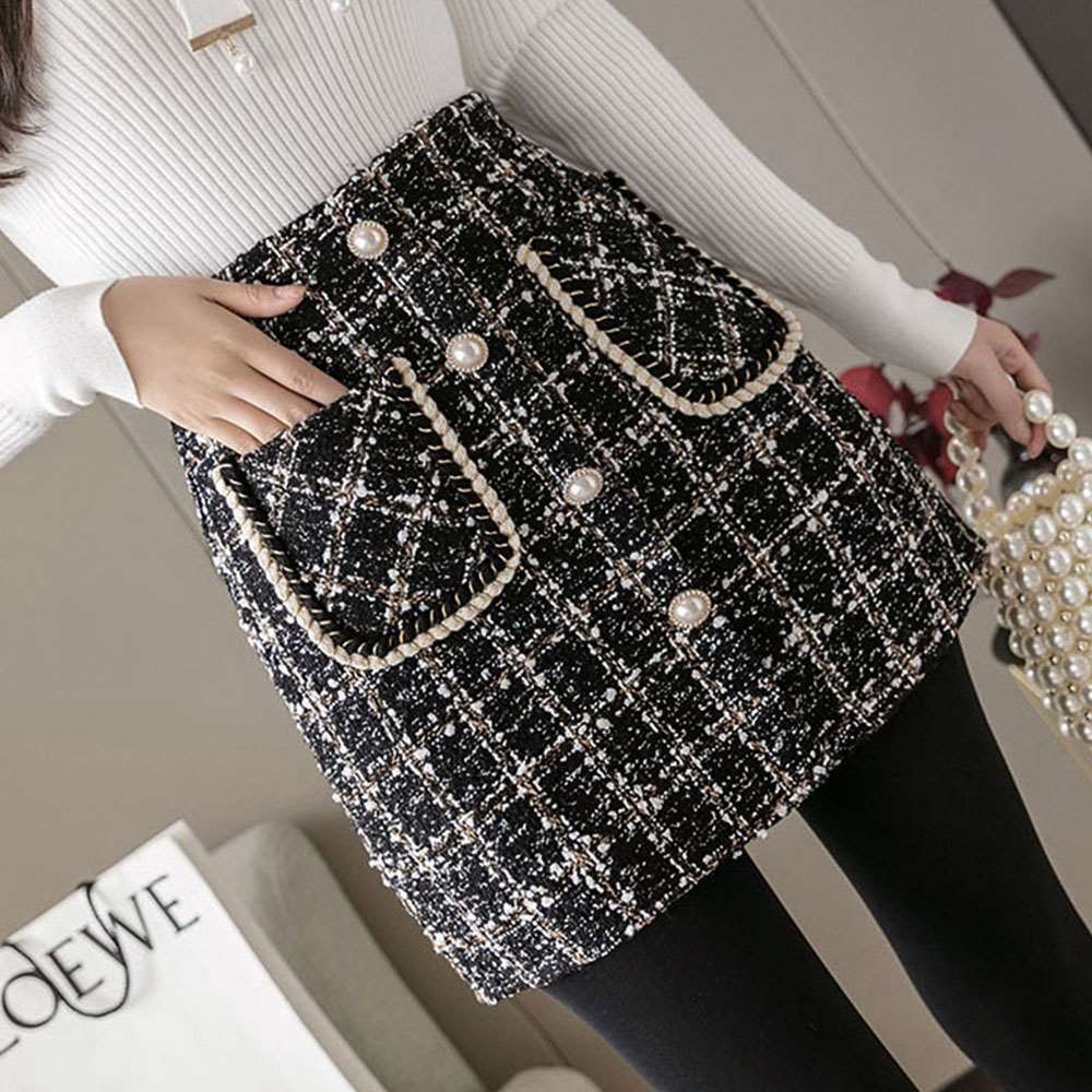 ツイード スカート レディース ハイウエスト チェック柄 ミニ 美脚 インナーパンツ付き 